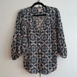 Lucky‎ Brand Blue Medallion Print V-Neck Balloon Sleeve Button Down Blouse Small